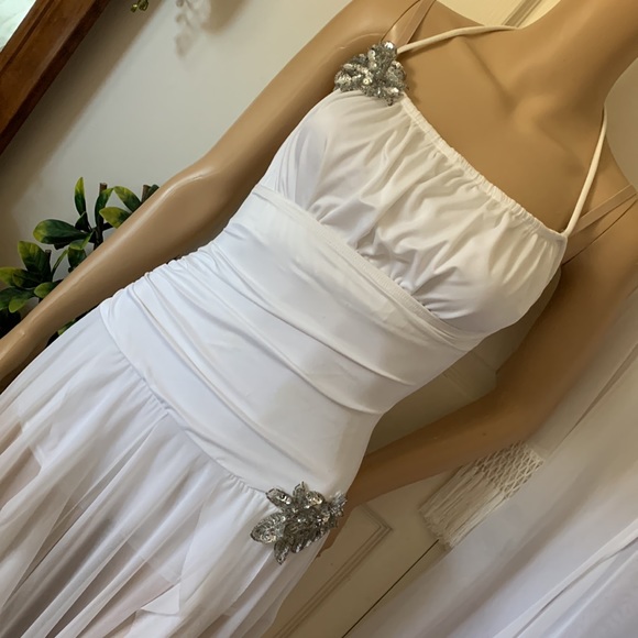 White spandex BALLET DANCE romper sheer shark bite hankie hem fairy costume S - Picture 9 of 17